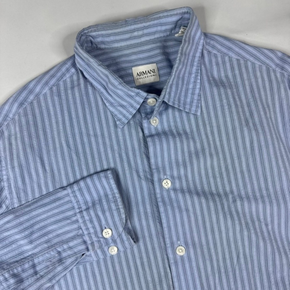 Giorgio Armani Collezioni Button Down Shirt Mens Medium Blue Cotton Seersucker